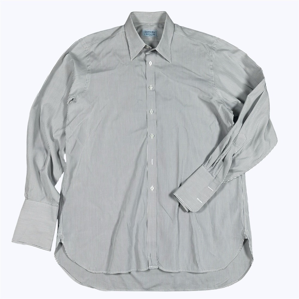 Hilditch & Key BESPOKE Mens Gray Pinstriped Cotton French Cuff Shirt England XL